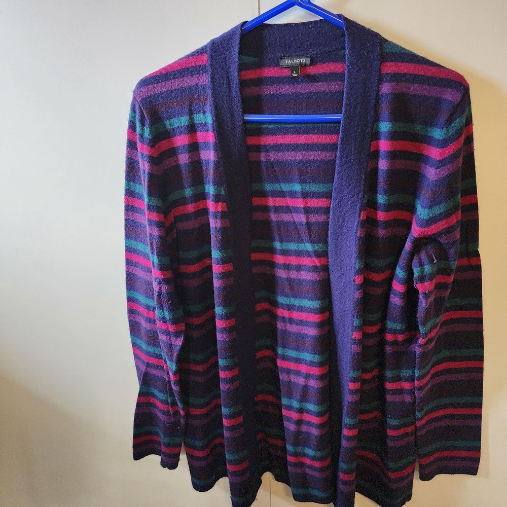 Talbots Womens Large Wool Blend Striped Cardigan Sweater Purple Pink Blue Open
